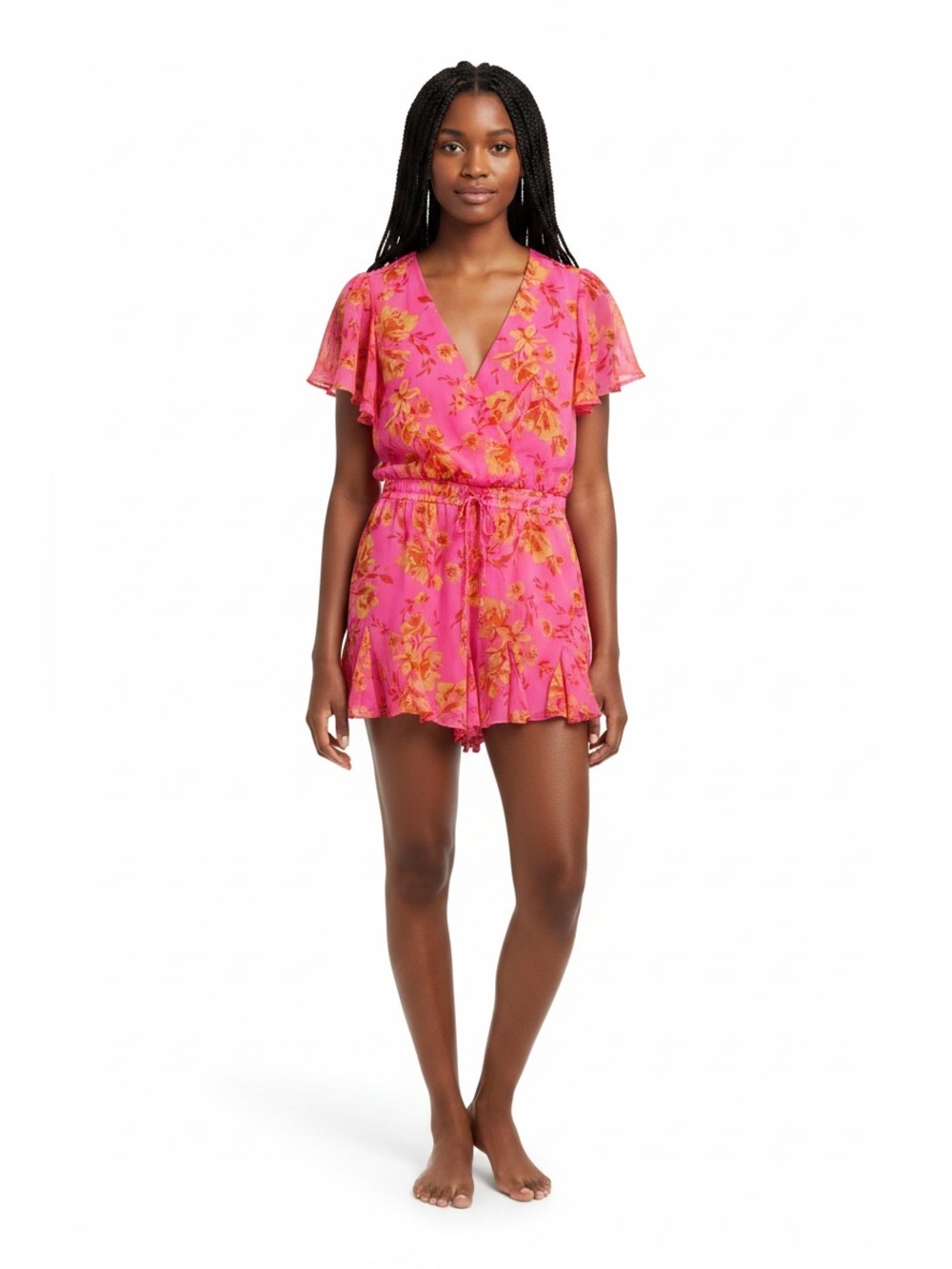 Sugar Lips Hot Pink Floral Ruffle Romper
Size L